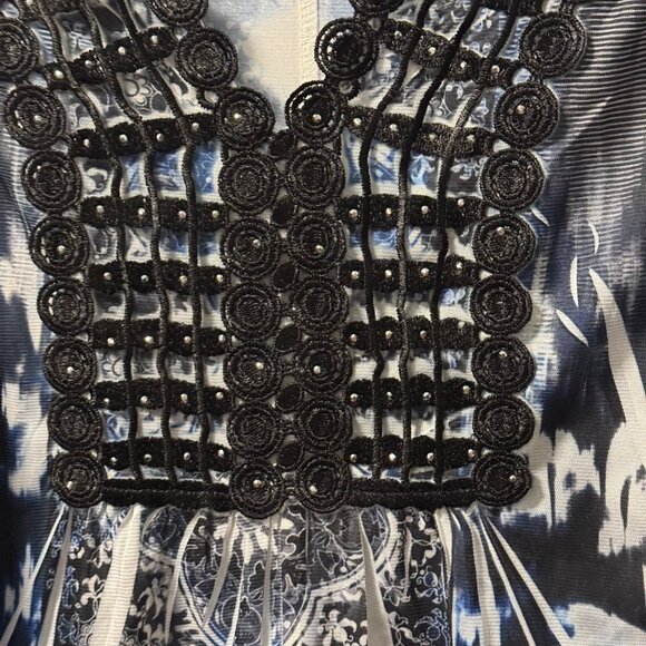 World Unity Womens Sz Large Black & Blue Beaded V-Neck Long Sleeve Tunic Top - Picture 5 of 12